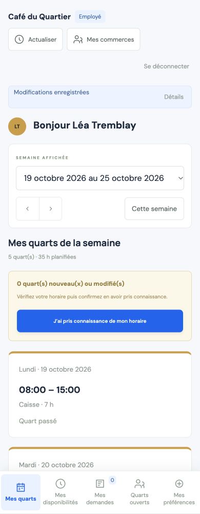 Espace employé Crewlio sur téléphone : mes quarts, mes disponibilités et mes demandes